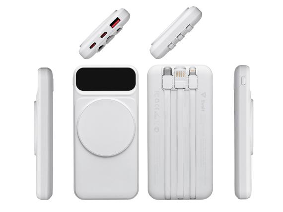 Магнитный беспроводной внешний аккумулятор со встроенными кабелями «Мэни», 10000 мАч